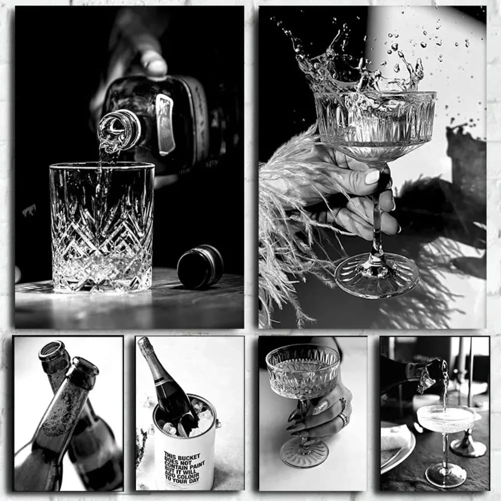 Bar in bianco e nero champagne birra bicchiere da vino whisky poster ad alta definizione wall art canvas painting soggiorno decorazione della casa