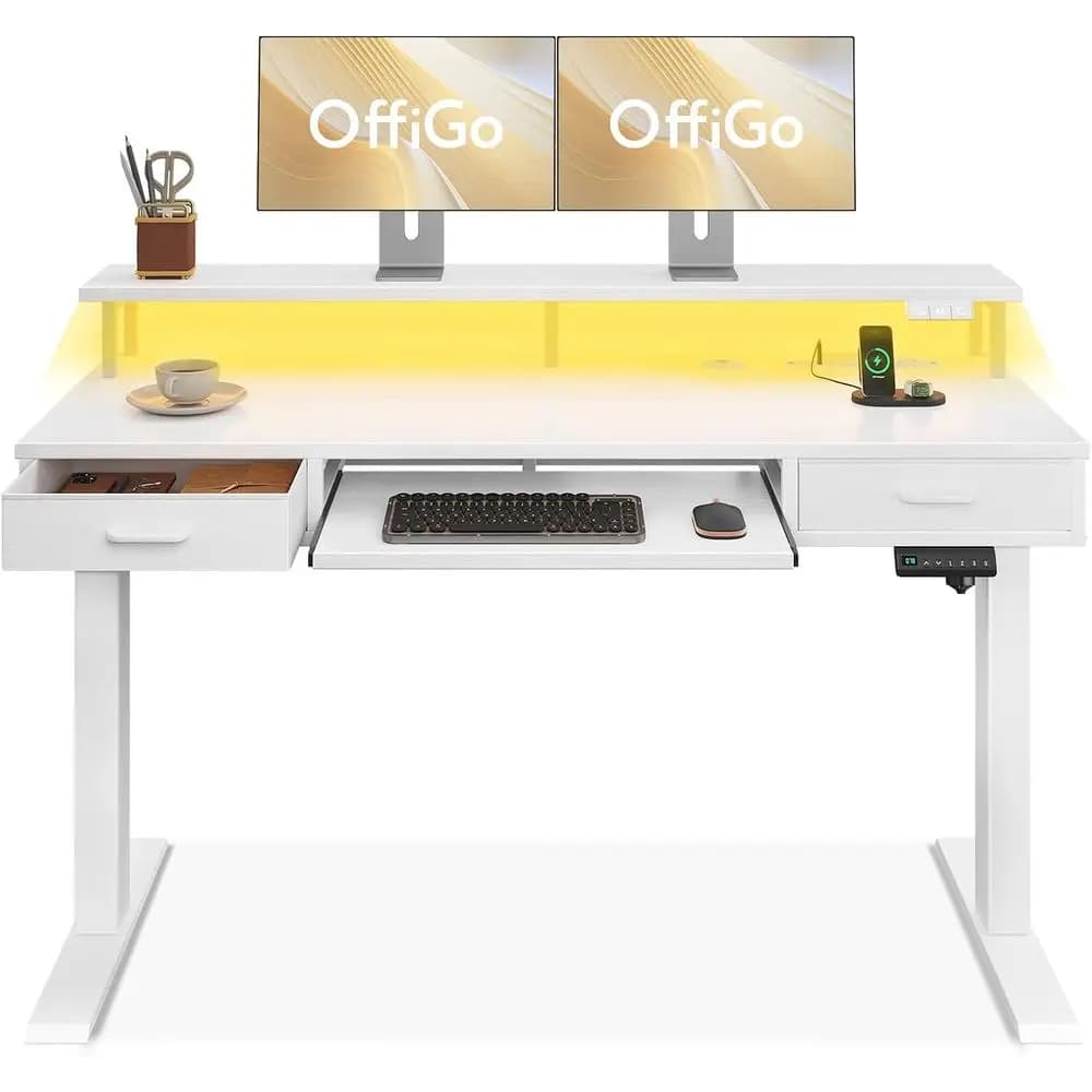 Scrivania Regolabile in Altezza 55 con Alimentazione e Luci LED, Scrivania Ergonomica con Supporto Monitor, Bianca