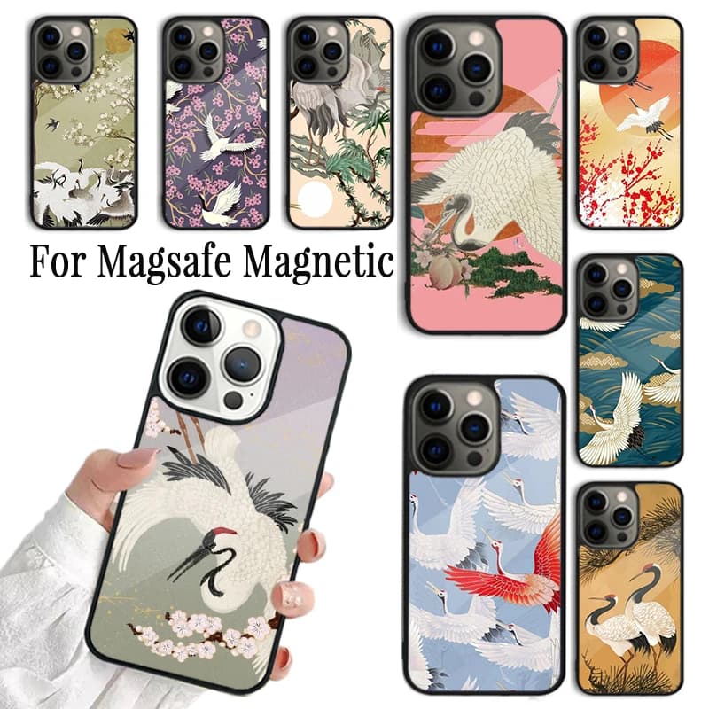 Cover per iPhone con gru giapponese e uccelli bianchi, compatibile con iPhone 17 AIR 16 15 14 13 12 11 Pro Max Plus, con supporto magnetico wireless Magsafe