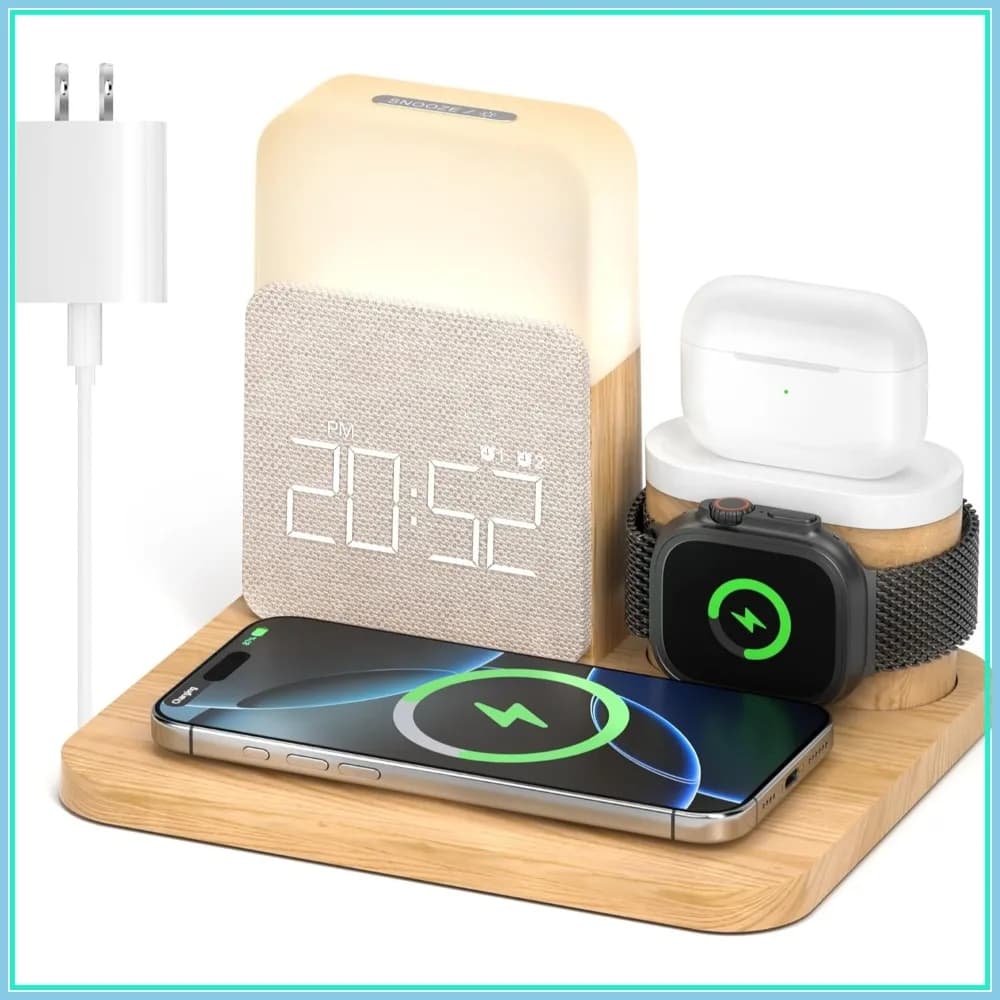 Stazione di Ricarica Wireless 7 in 1 con Sveglia e Luce Notturna per iPhone 16 15 14 13 12 Pro Max, Apple Watch, AirPods