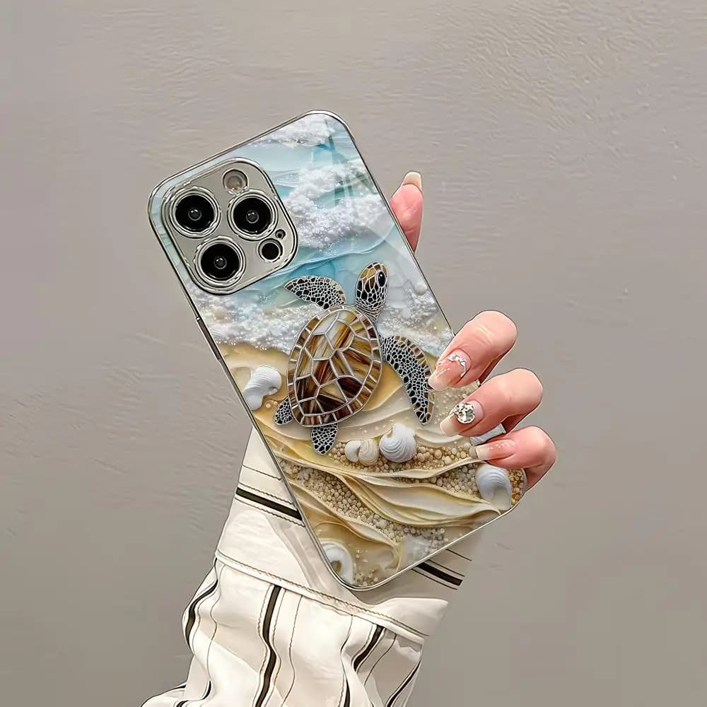 Cute turtle pattern silver plated glass phone case suitable for iPhone 17 16 15 14 13 12 11 Pro/Max/Plus scratch resistant