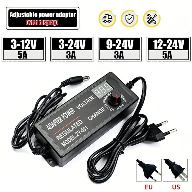 Adjustable Power Supply AC DC 3-12V 3-24V 9-24V 12-24V 3A 5A with display EU/Us Plug Universa Adapter LED Lighting Transformer