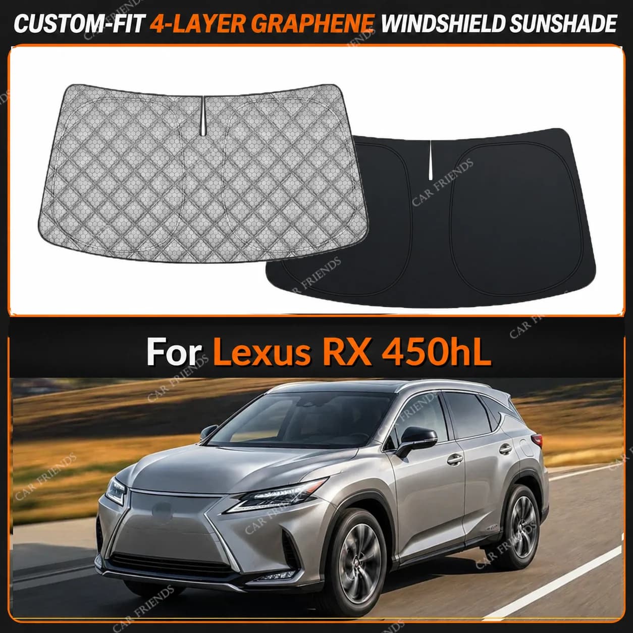 For Lexus RX 450hL Custom-Fit 4-Layer Graphene Windshield Sunshade Reflective Gray-Silver Surface Helps Reduce Direct Sunlight