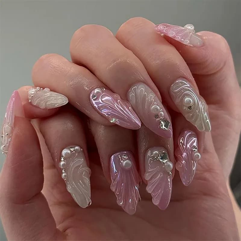24 pcs Spiked Shells Pink Nail Presses Complete Cover Pearl Diamond Design Polished Summer Fin Nails Style Korean Manicur