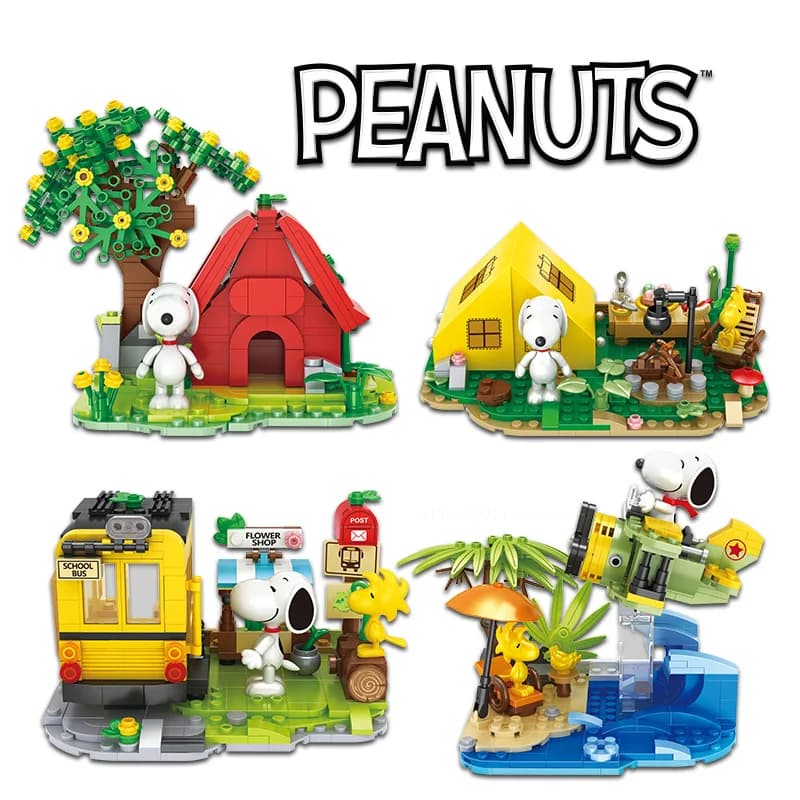 Snoopy Scena Building Blocks Set di cartoni animati per bambini Costruzione Casa rossa Campeggio Scuolabus Building Blocks Giocattolo Regalo a sorpresa