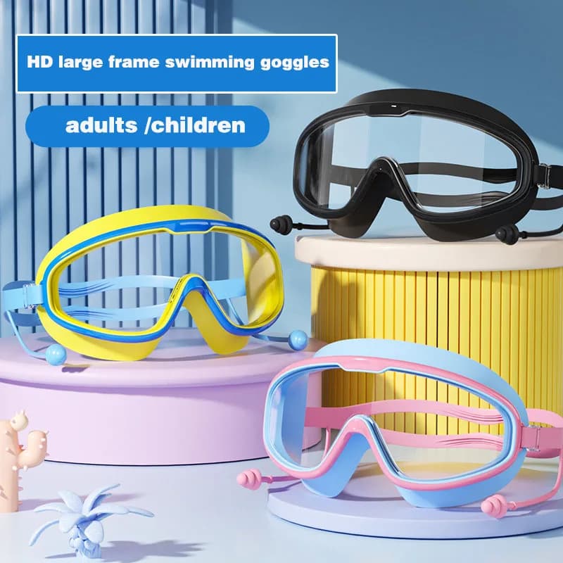 Swimwear with big frame swim glasses waterproof anti-fog HD with earplugs boys girls beach glasses for children's pool adult