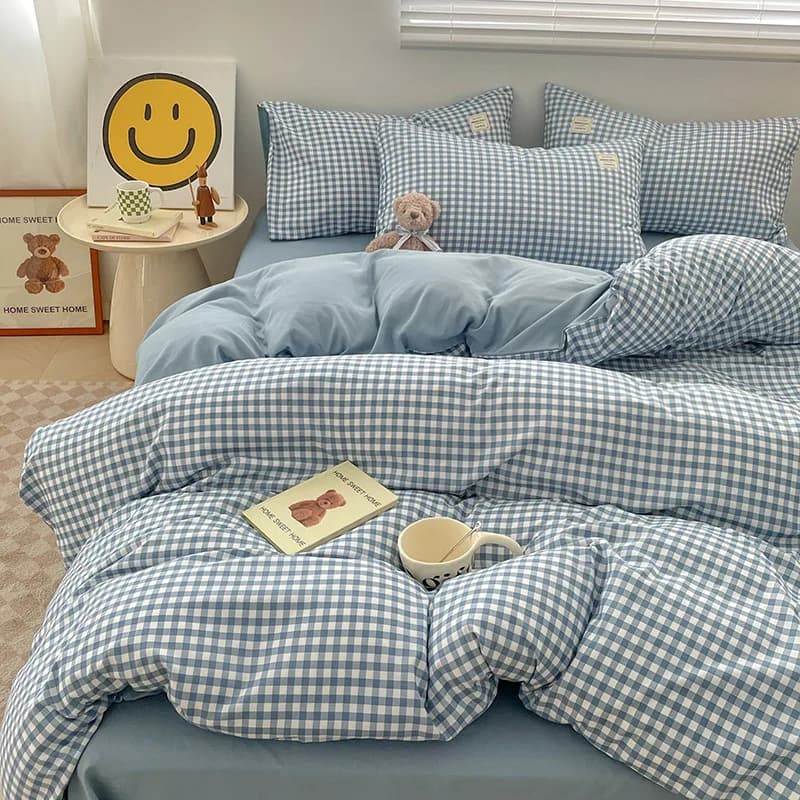 Copripiumino Set letto Lino Puro cotone Set quattro pezzi Lenzuola semplici in cotone lavato a quadretti Copripiumino Biancheria da letto a righe