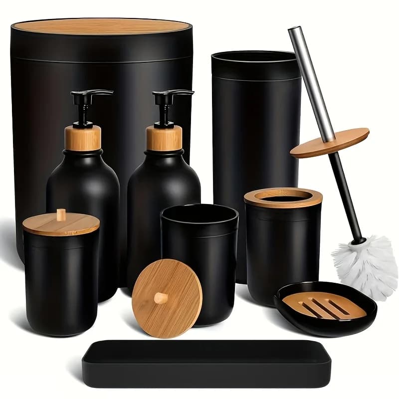 Matte Black 9-Piece Bathroom Accessory Set – Includes Trash Can, Soap Dispenser, Toothbrush Holder, Soap Dish, Cotton Swab Holder & Toilet Brush Holder for Coordinated Style