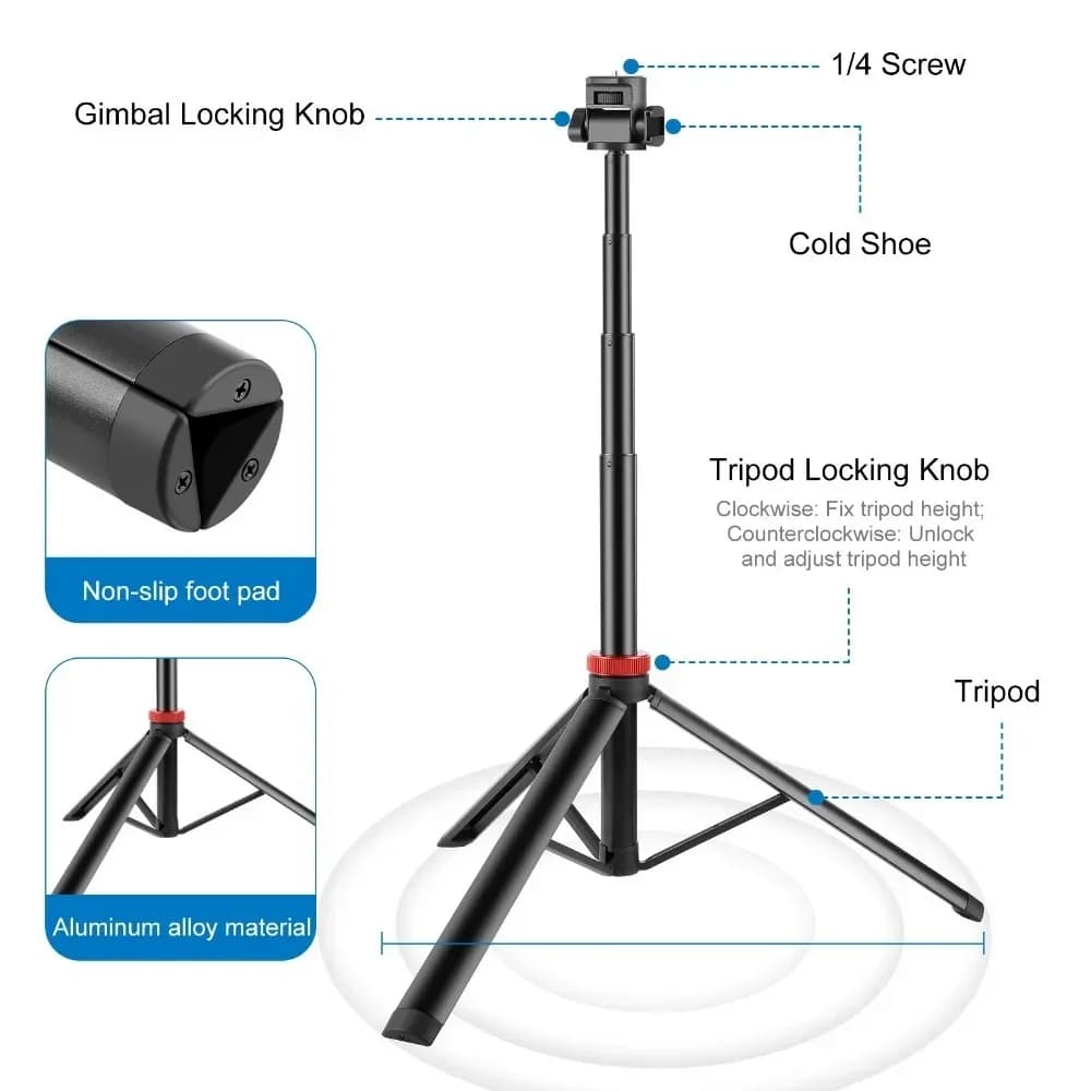2m 8-section Aluminum Alloy 1/4 Screw Extend Cold Shoe Mount Selfie Stick Broadcast Fill Light Bracket Telescopic Tripod