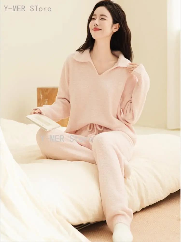 Thick Warm Long Sleeve Long Pants Cozy Casual Homewear Sleepwear Loungewear Suit Women Winter Half Fleece Pajama Set