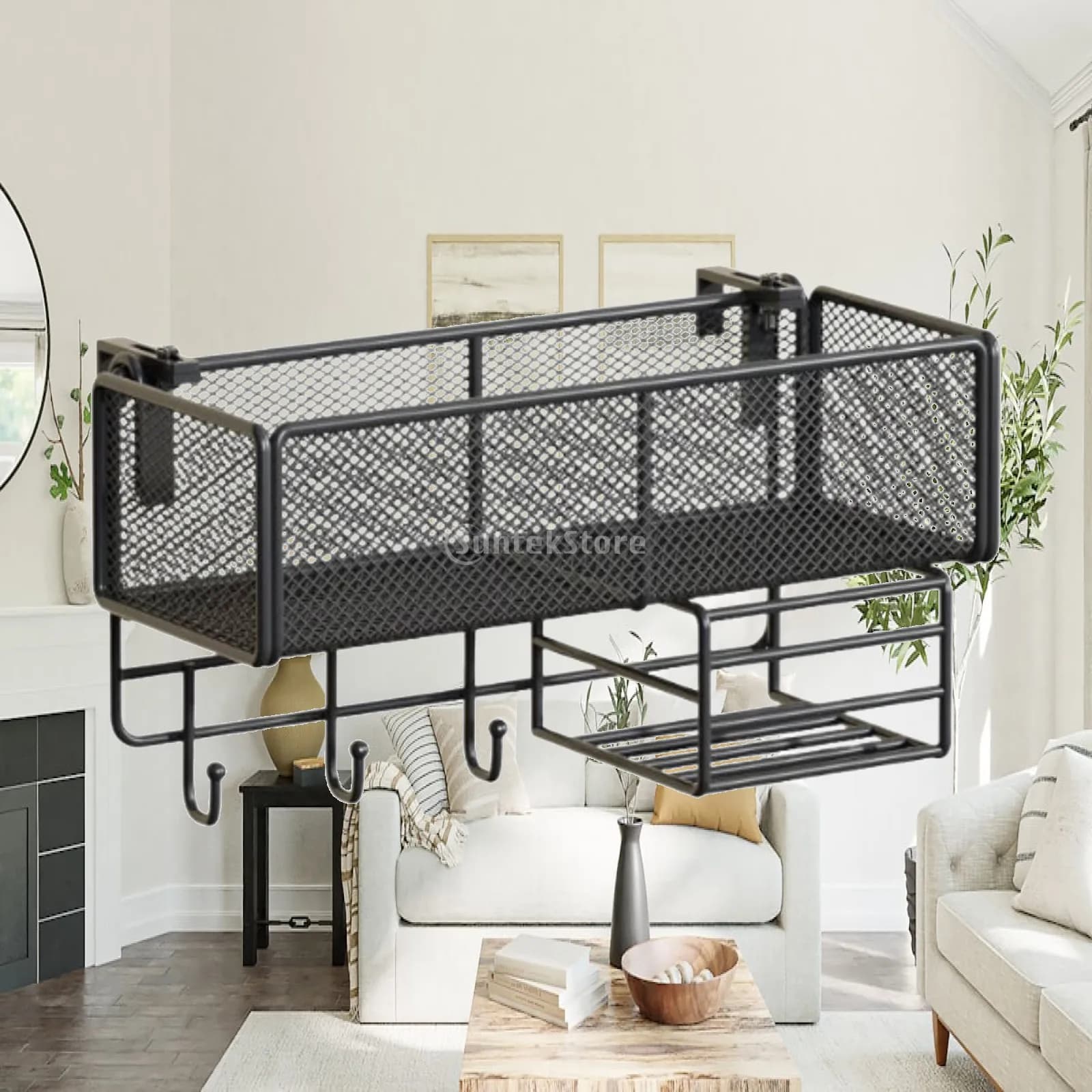 Stable Metal Hanging Storage Basket Organizer Shelf for Residence Wall Clothes Hanger Dorm Bunk Bed