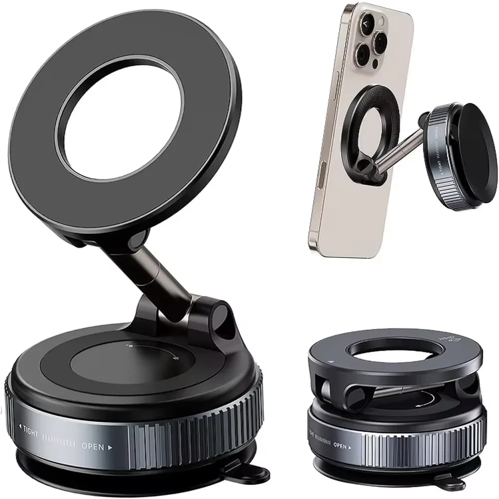 Rotating and Folding Magnetic Support for Phone with Auto Suction Cup, Navigation, Gym, Kitchen - Universal Support for GPS and Streaming