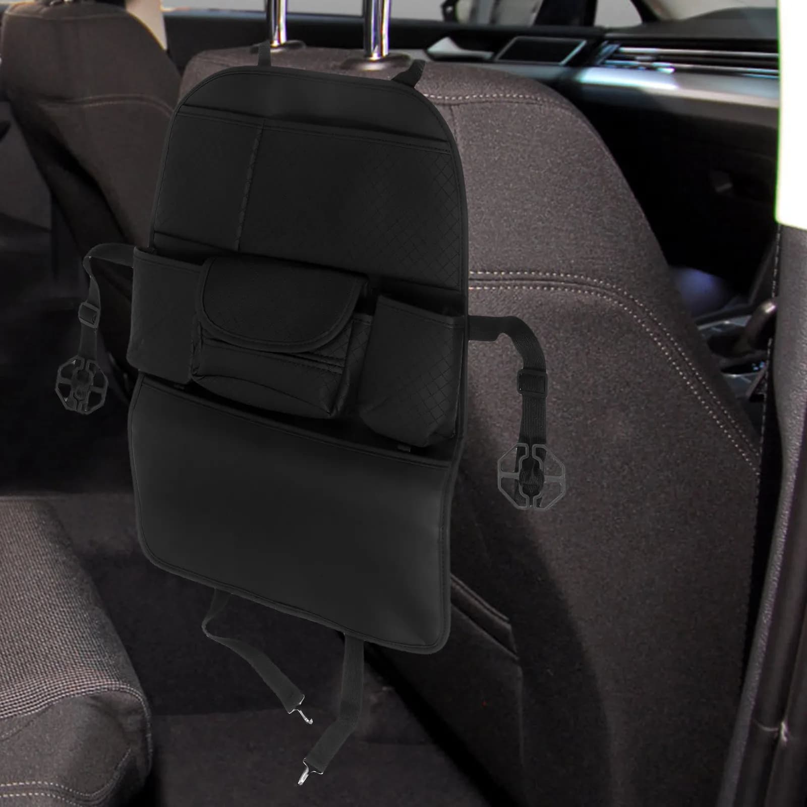 Backseat Car Organizer with Tablet Holder PU Seat Back Storage Bag Multi-Compartment for Snacks Gadgets Kids Items