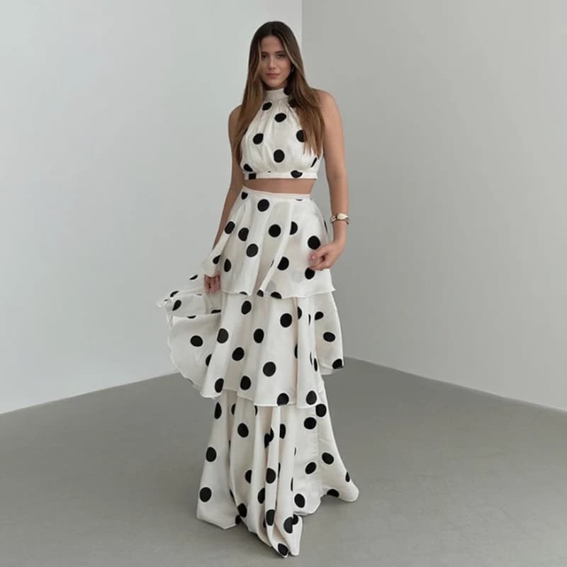 Vintage Polka Dot Matching Sets Women Summer Sleeveless Crop Top + Long Cake Ruffle Skirt Elegant Vacation Two Piece Set Outfits