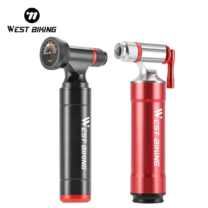 WEST BIKING pompa per bicicletta CO2 6063 pompa ad aria CNC in lega di alluminio con manopola di controllo e manometro MTB bici da strada iniettore di CO2