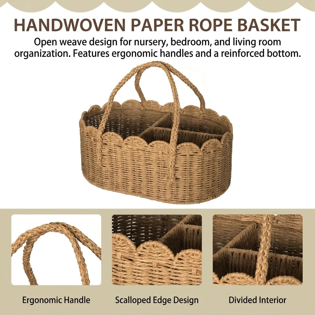 Portable Storage Basket Handwoven for Nursery Baby Diapers, Recycled Paper Rope Organizer Bin with Handles, Durable Beige