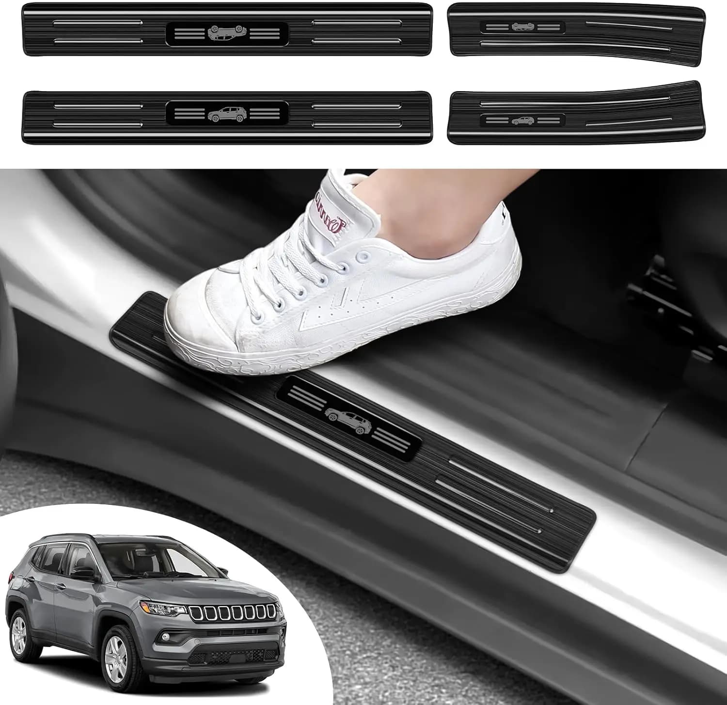 4PCS Car Door Edge Guards Door Sill Protector for Jeep 2017-2026 Compass Accessories Black Brushed Stainless Steel Material Car