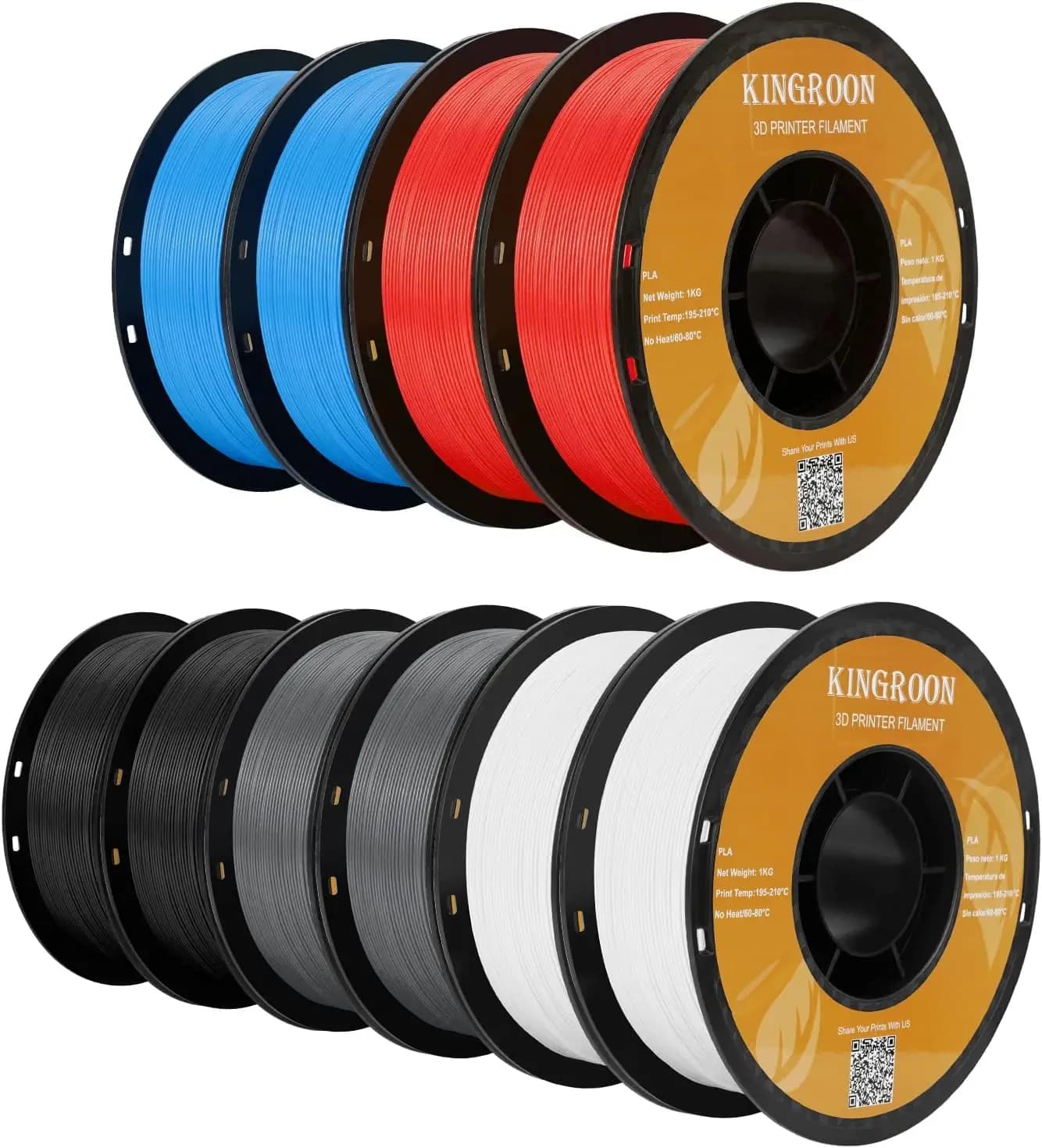 Filamento per stampante 3D Kingroon PLA, 10 rotoli, precisione dimensionale +/- 0,02 mm, bobina da 10 kg (22 libbre), 1,75 mm, 2 neri + 2 bianchi + 2 grigi + 2 rosso