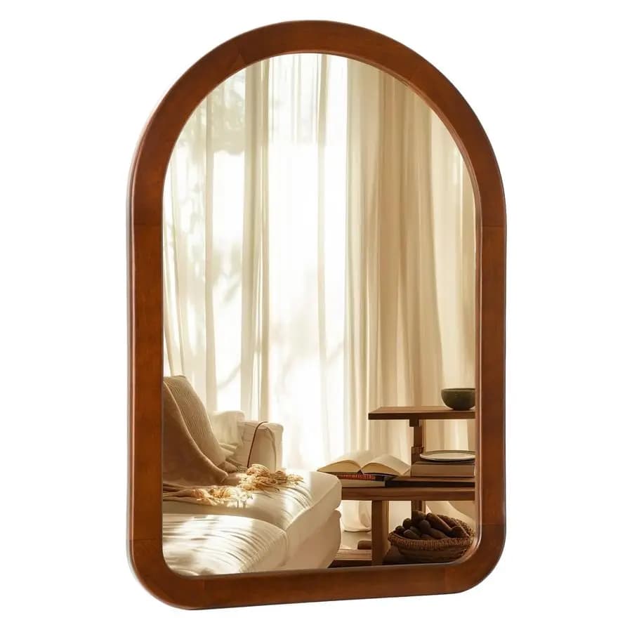 Specchio 22 x 30 pollici, specchio da parete temperato per bagno rustico in legno marrone noce con struttura in legno, arco ad angolo rotondo in legno Va