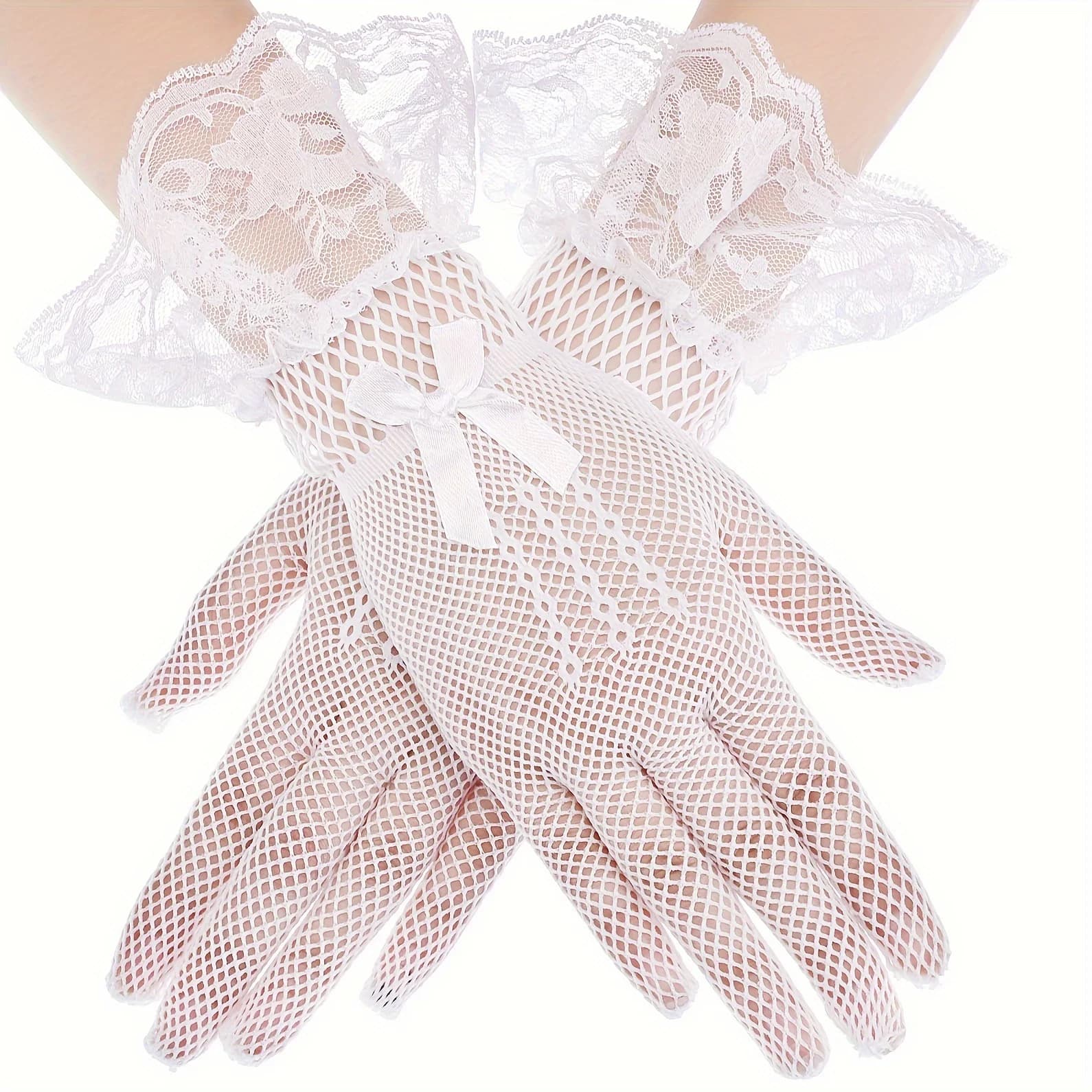 Bride full finger fishing net lace lace gloves, wedding dress etiquette performance, sexy bow mesh gloves