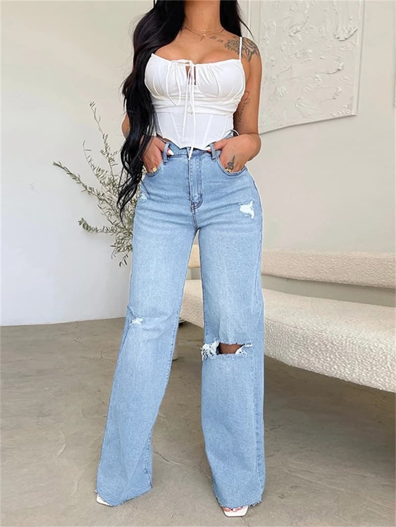Pantaloni in denim strappati streetwear Abbigliamento estivo Pantaloni a gamba dritta a vita alta da donna Jeans Pantaloni Jean rotati di base dialy casual