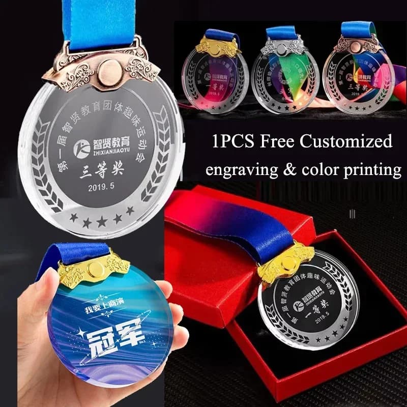 Stampa a colori o incisione laser Medaglie di cristallo trasparente 1° 2° 3° Premio Confezione regalo Packagin 1 pz Design gratuito e creazione logo