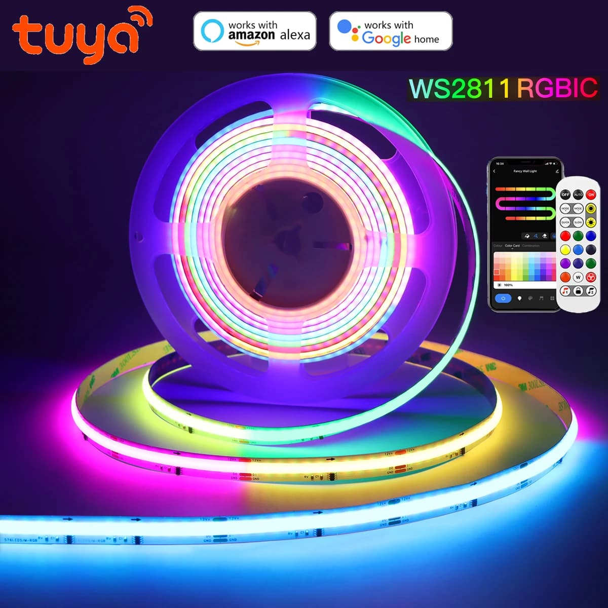 Striscia luminosa a LED Smart FCOB con kit controller TUYA Wif RGB Pixel indirizzabile RGBIC Dream Full Color WS2811 Luci COB flessibili
