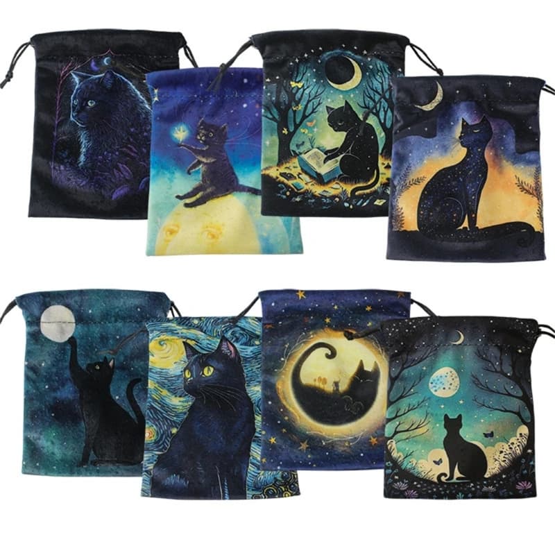 Borsa portaoggetti per carte oracolo tarocchi in velluto Custodia per tarocchi gatto nero Dadi runi Borsa per gioielli in cristallo Custodia per uso multiplo Divinazione delle streghe