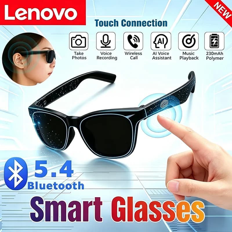Occhiali Smart AI Lenovo con Telecomando Touch, Fotocamera 8K HD, Registrazione, Traduttore, Assistente Vocale, Musica, Bluetooth 5.4, Occhiali da Sole per Uomo