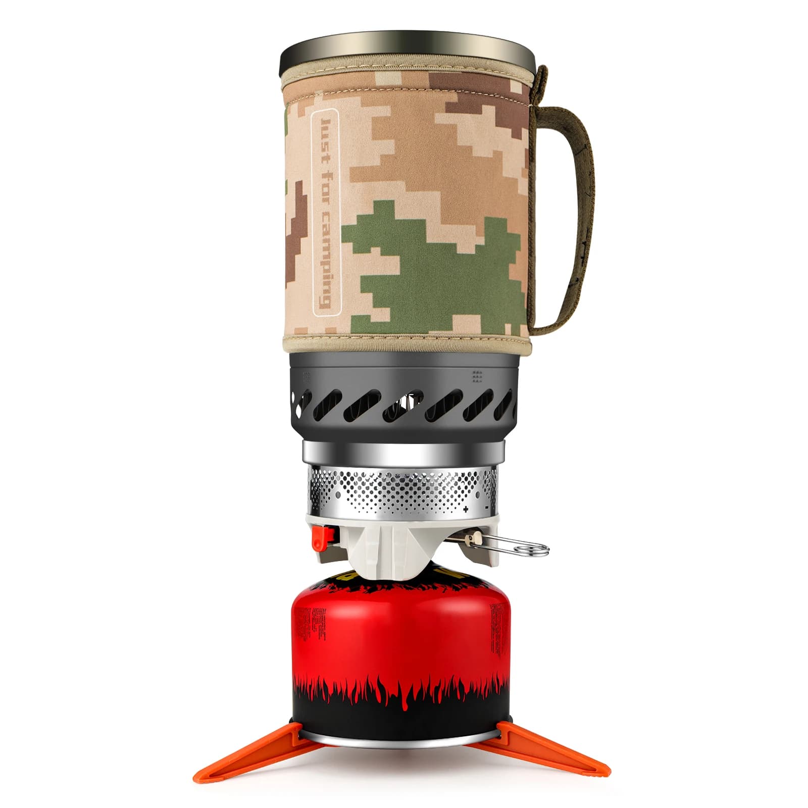 Portable 1.4 litre cooking system with heat exchanger camping stove with shoulder backpack with tripod, pot holder