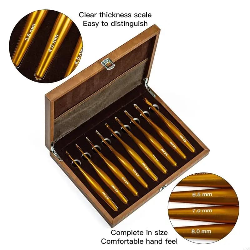 Set uncinetti in allumina staccabile Manico corto in legno presa comoda Dimensioni multiple incluse con custodia Y5GB