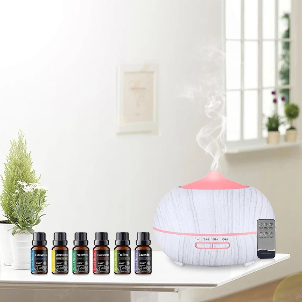 Diffusore per la casa Diffusore di oli essenziali con venature del legno da 550 ml con nebbia ultrasonica remota a 7 colori include 6 oli per aromaterapia