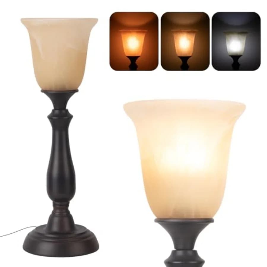 Lampada da Tavolo Stile Fattoria per Soggiorno, Lampada da Comodino con Paralume in Vetro Alabastro, Lampada da Scrivania in Ferro per Lettura e Camera da Letto