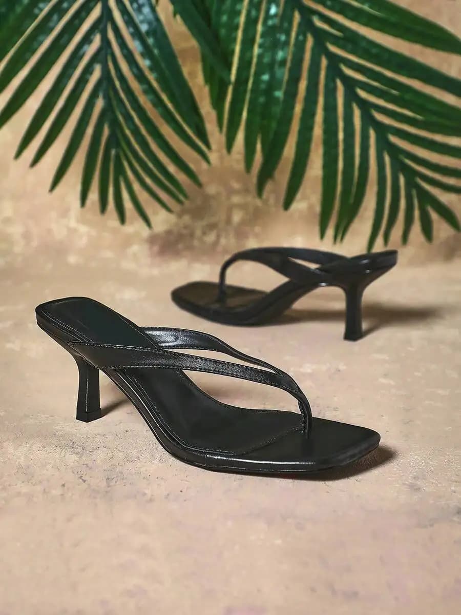 Square Toe Thong Slip-On Low Heel Mules Summer Casual Sandals