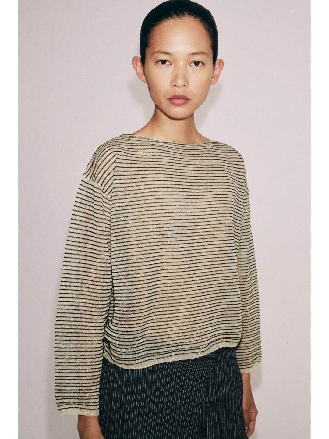 Casual Loose Long Sleeve Knitted Top Fine Needle Stripe Pattern Summer New Arrival Women's Polyester Fiber round Neck T-Shirt