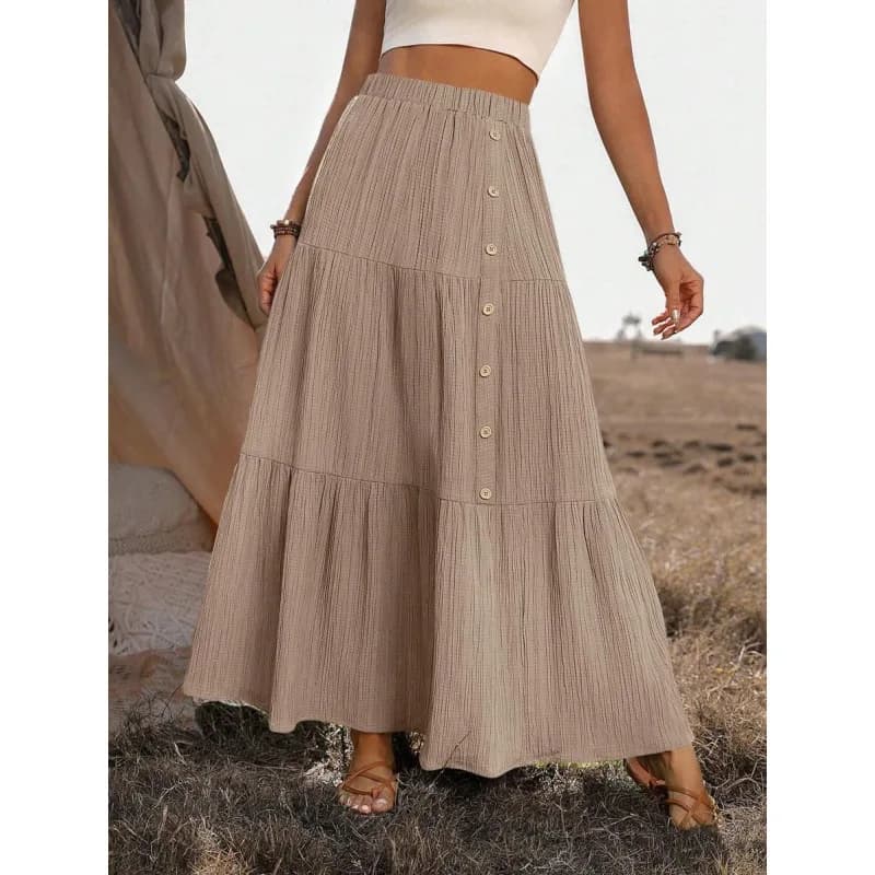 Gonna a balze con bottoni R 59075, gonna semi-formale da donna con design a bottoni a strati, alla moda, collezione primavera