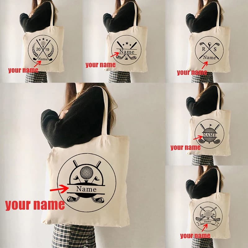 Personalizza il tuo nome Borsa tote in tela con motivo pallina da golf Borse da viaggio da golf Borsa per la spesa riutilizzabile Grandi regali da golf Borse a tracolla da donna