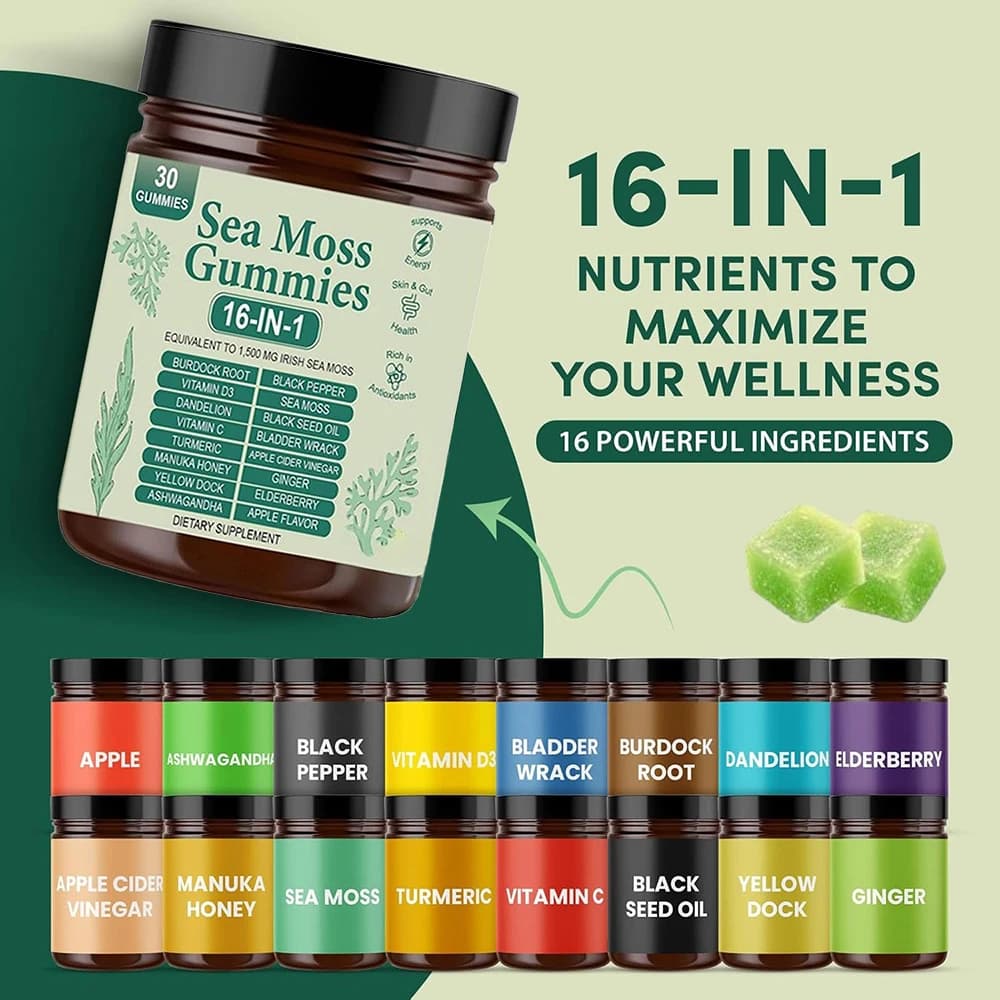 Gommose di Muschio Marino 16-in-1 - Ashwagandha, Olio di Semi Neri, Alga Marina, Curcuma
