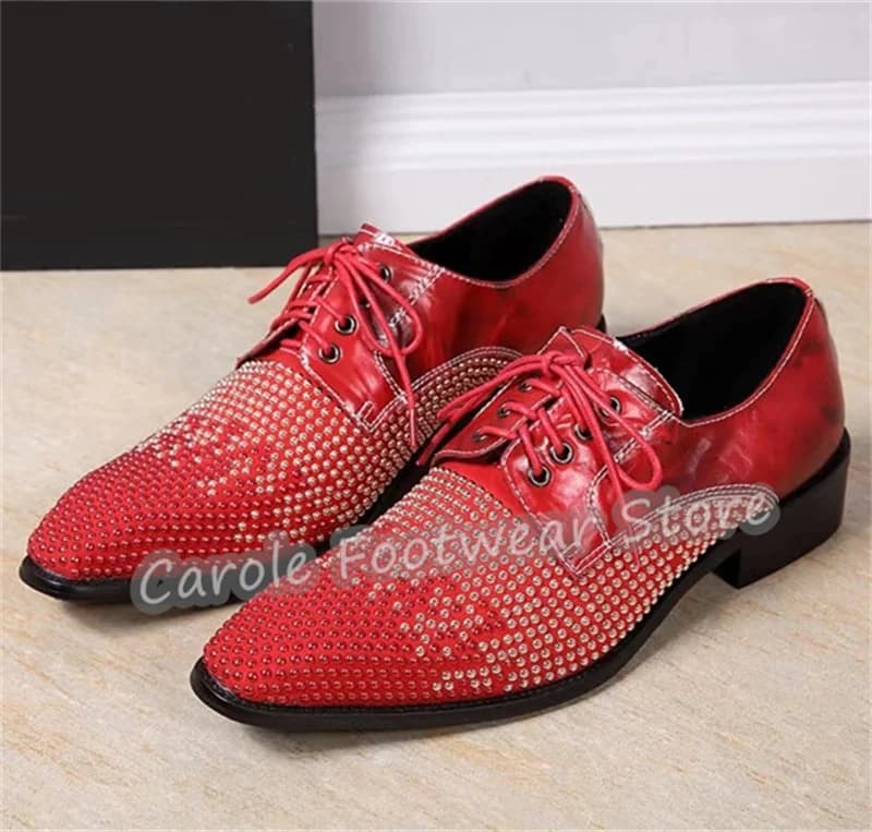 Men's Elegant Shoes with Luxury Rhinestones, Mixed Colors, Oxford Veneer, Square Toe, Big Heel, Low Moccasins, for Hinges and Business