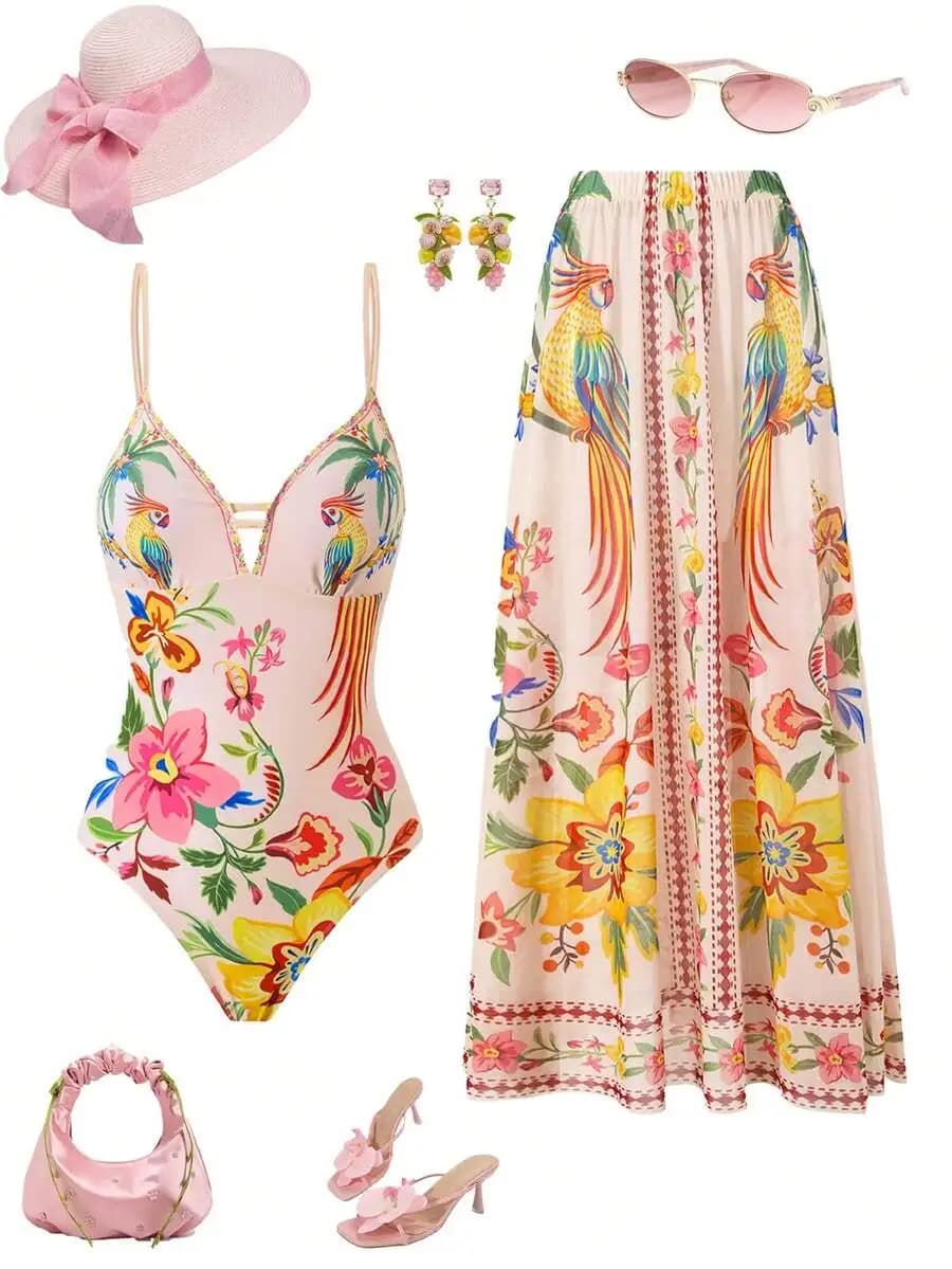 Bohemian Floral Print One-Piece Swimsuit With Mesh Detail For Women