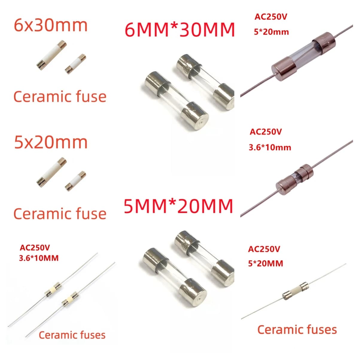 10 pz/lotto fusibili per tubi in vetro a soffiaggio rapido 3.6x10mm 5x20mm 6x30mm 250V 100mA 200mA 250mA 300mA 500mA 630mA 750 fusibile ceramico al piombo mAxial