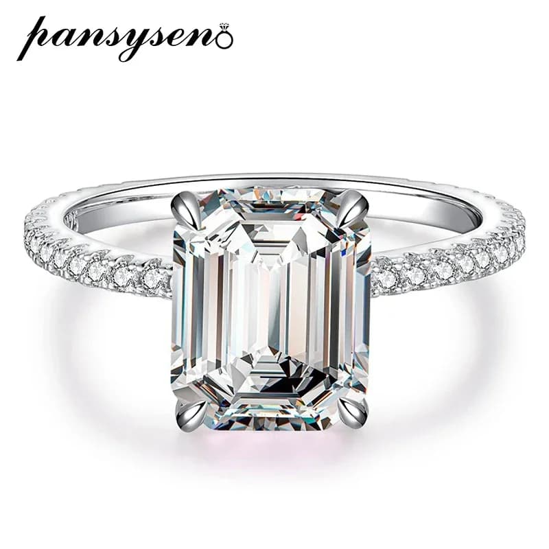 PANSYSEN Lusso 925 Sterling Silver 4CT Taglio Smeraldo Ad Alto Tenore di Carbonio Diamante Della Pietra Preziosa Anello di Fidanzamento di Nozze Gioielleria Raffinata per Le Donne
