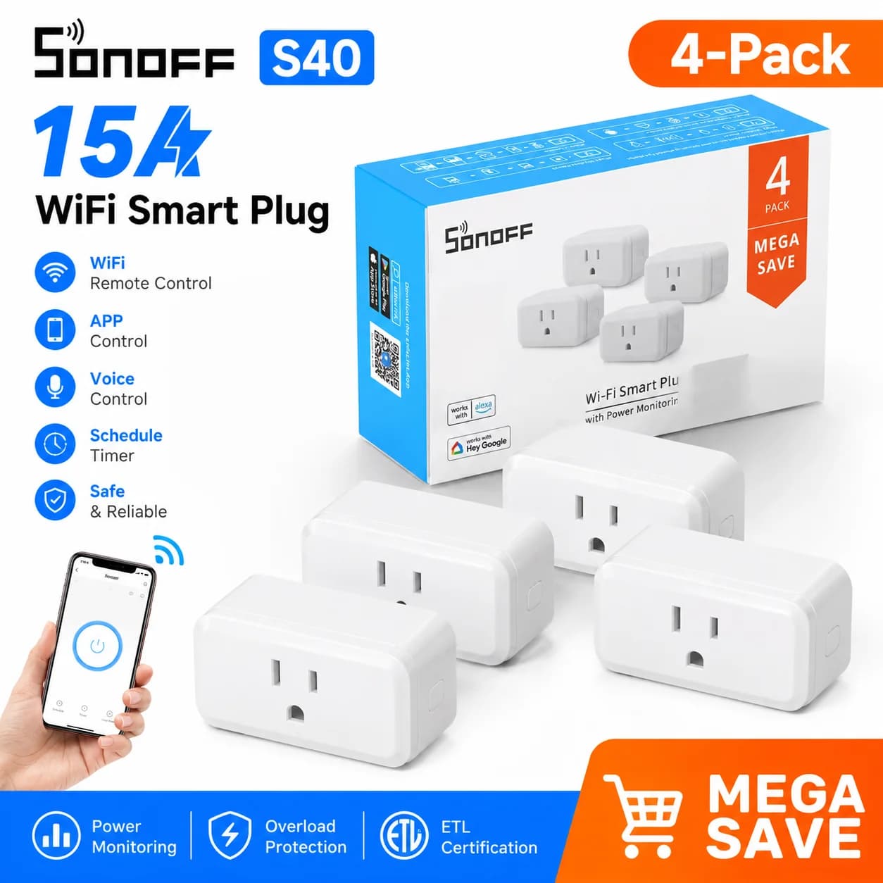 4-Pack eWelink App SONOFF S40 WiFi Smart Plug 15A Smart Outlet Socket ETL Work with Alexa Google Home IFTTT