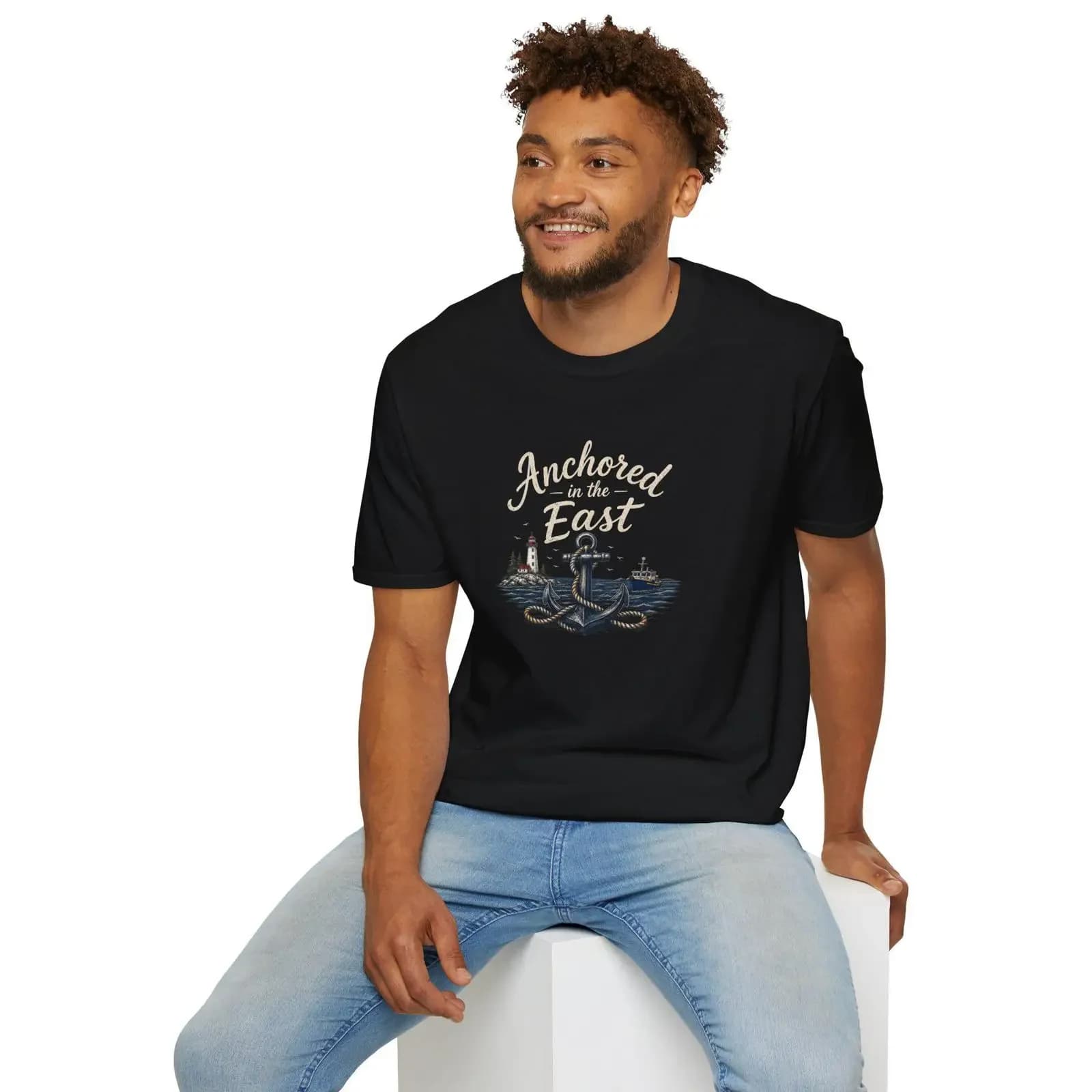 Design 2 of Anchored in the East boat tee Fishing vessel t shirt nautical graphic top vintage Washed Comfortable Soft Casual