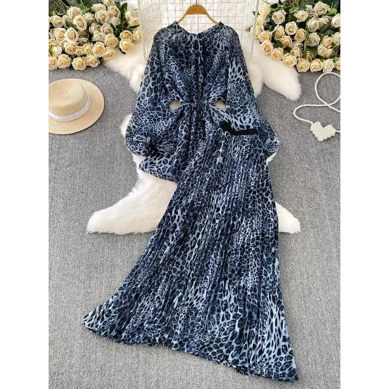 Nuovo Completo Primaverile Autunnale Francese con Stampa Leopardata, Blusa a Maniche Lunghe e Gonna Lunga Elasticizzata, Set Due Pezzi alla Moda