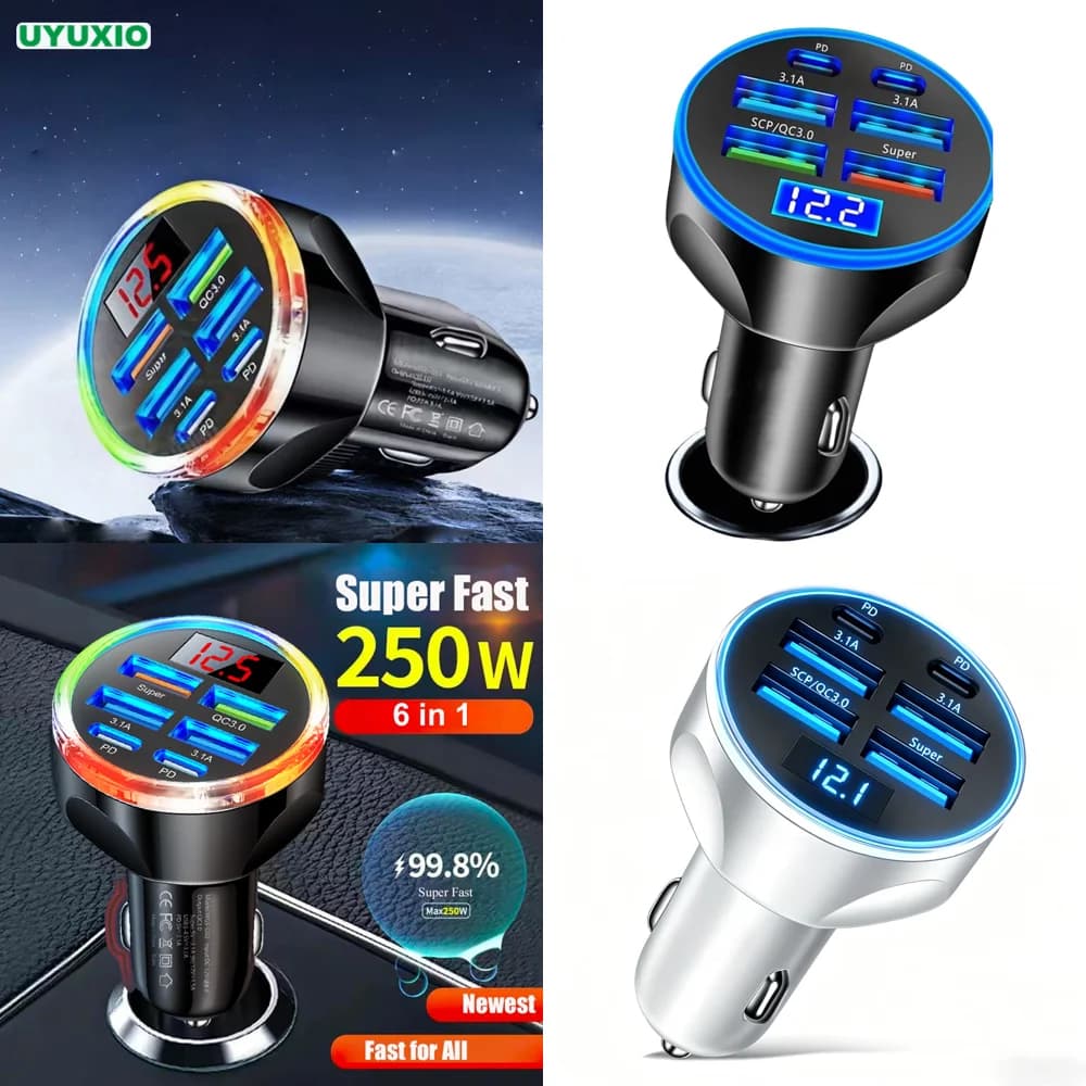 Caricabatterie da Auto USB C Multiporta Super Veloce con Display di Tensione per iPhone Samsung Android Nuovi Prodotti
