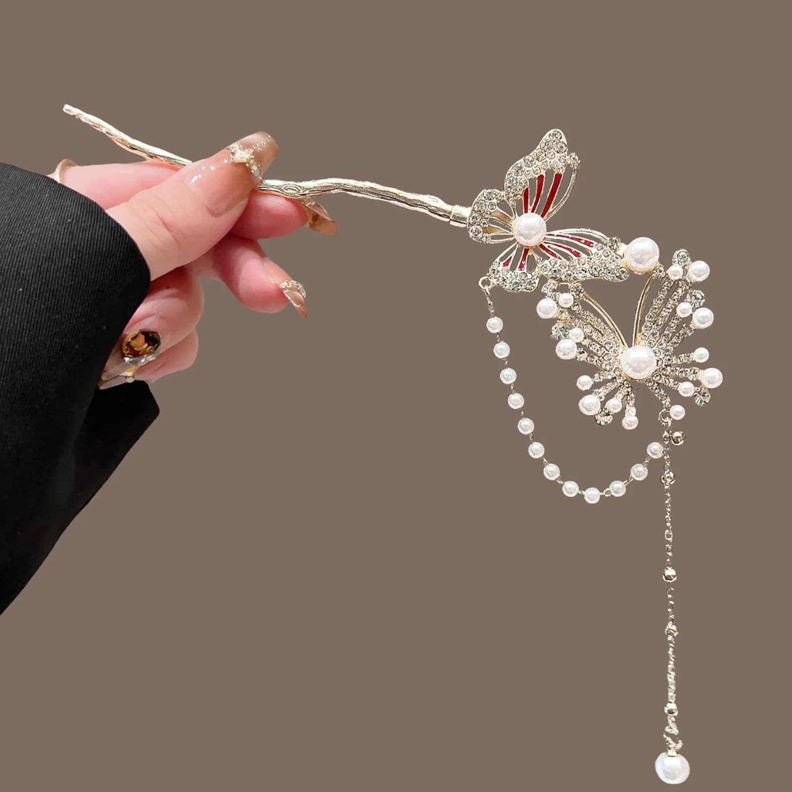 Elegante Fermaglio per Capelli con Strass a Forma di Farfalla per Donne, Nuovo Stile Cinese, Decorazione con Perle, Gioiello per Capelli da Sposa