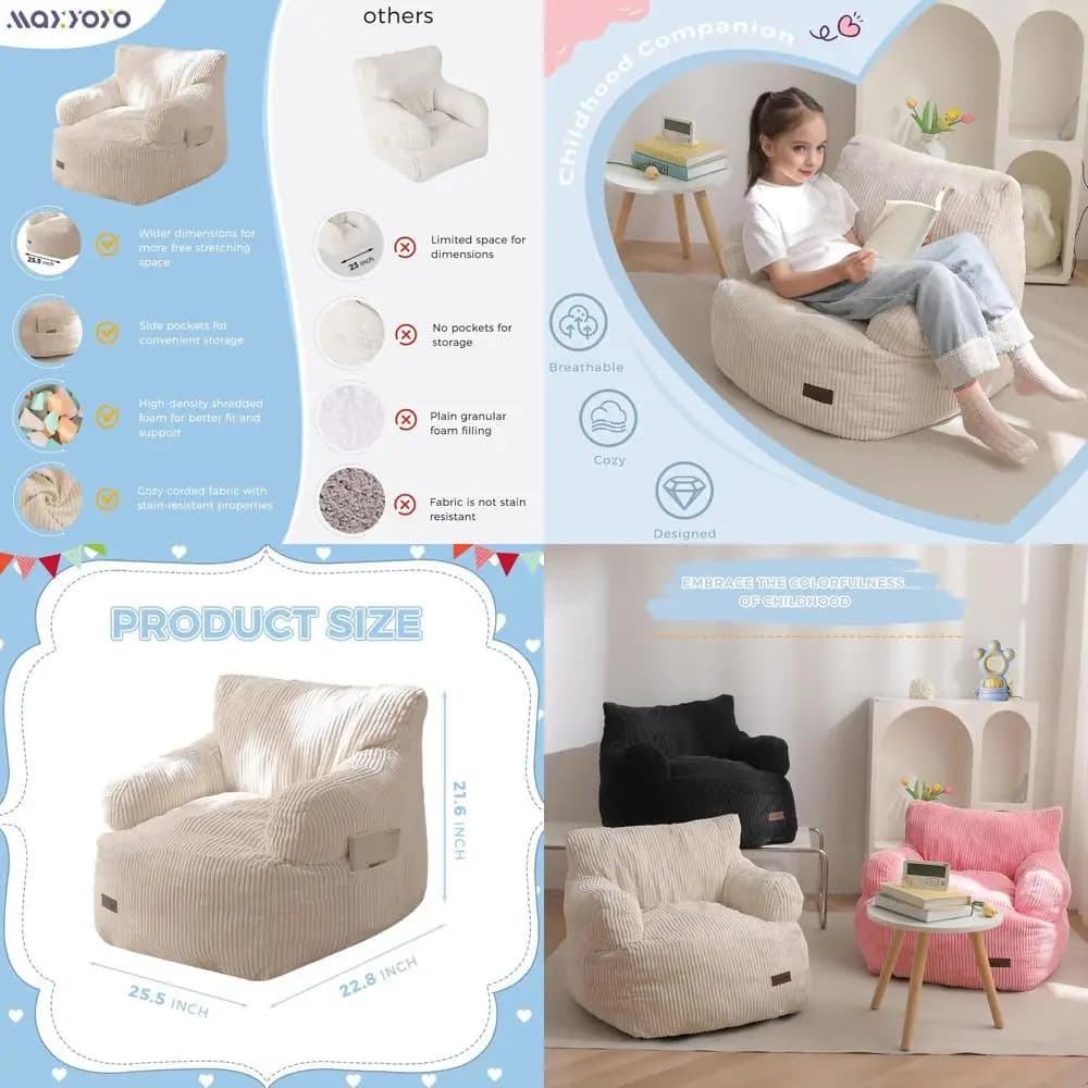 Poltrona Sacco Unisex per Bambini - Comodo Divano per Bambini, Ideale per Pavimenti, Gaming e Lettura, Colore Beige
