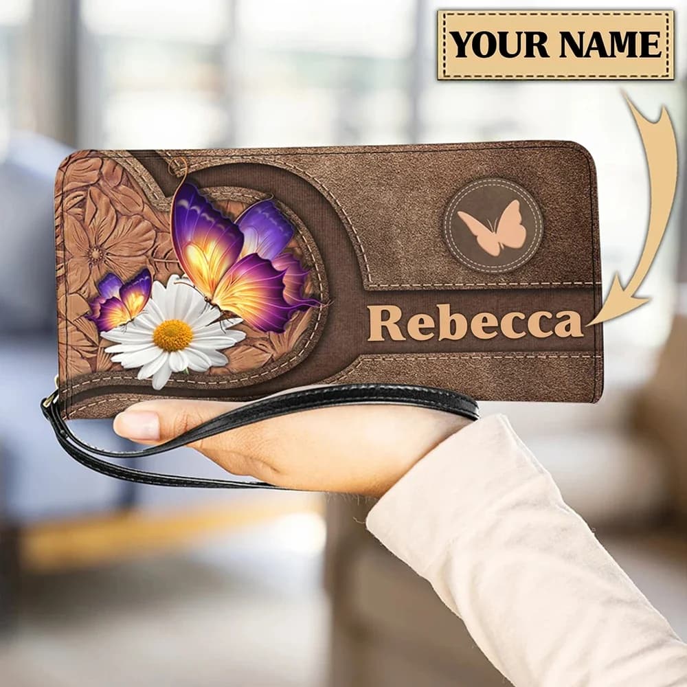 Portafogli da Polso per Donne con Stampa Farfalla e Margherita, Porta Carte in Pelle con Cerniera, Borsa Lunga Femminile Carina, Pochette Porta Soldi Personalizzabile