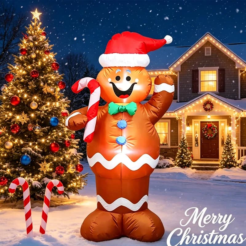 Christmas Inflatables Gingerbread Man with Gift Pack Outdoor Decorations Xmas Yard Decorations with LED Lights for Lawn
